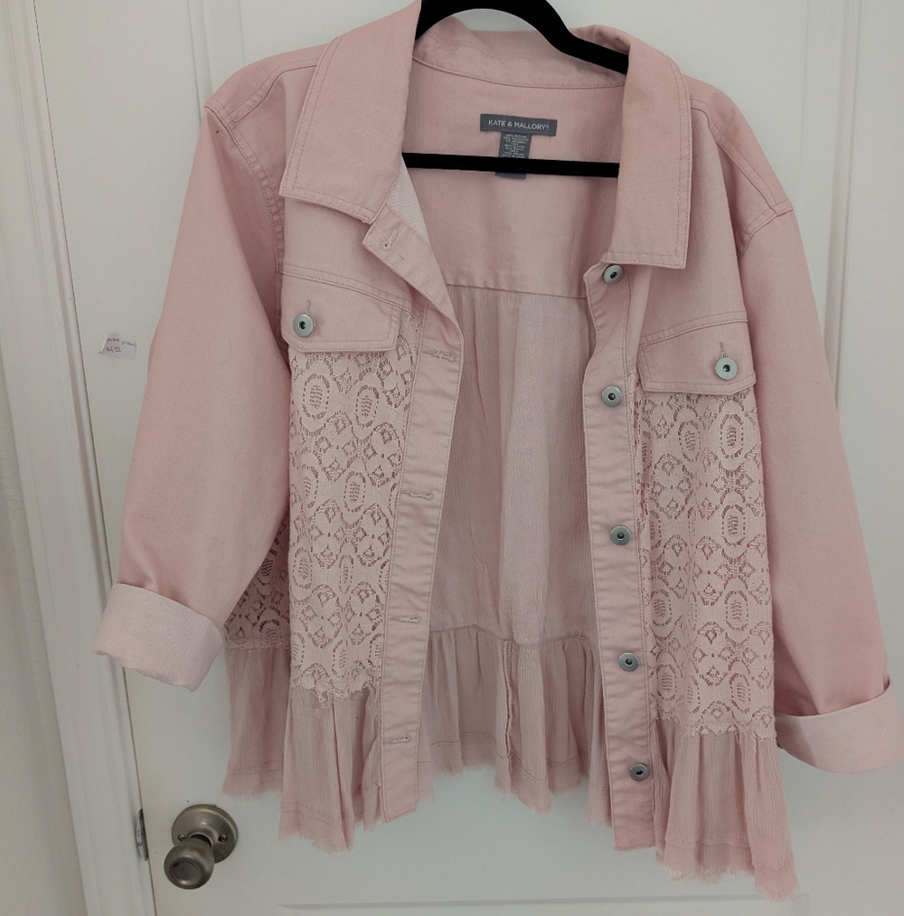 Kate And Mallory Women's Pink Denim Peplum‎ Jacket Size 3X Cottagecore